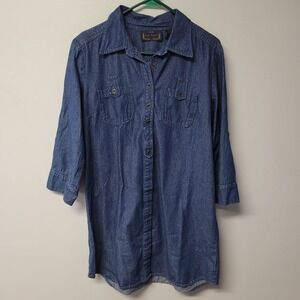Life‎ Style Denim Dress Women XL 3/4 Sleeve Button Front Chest Pockets No Belt